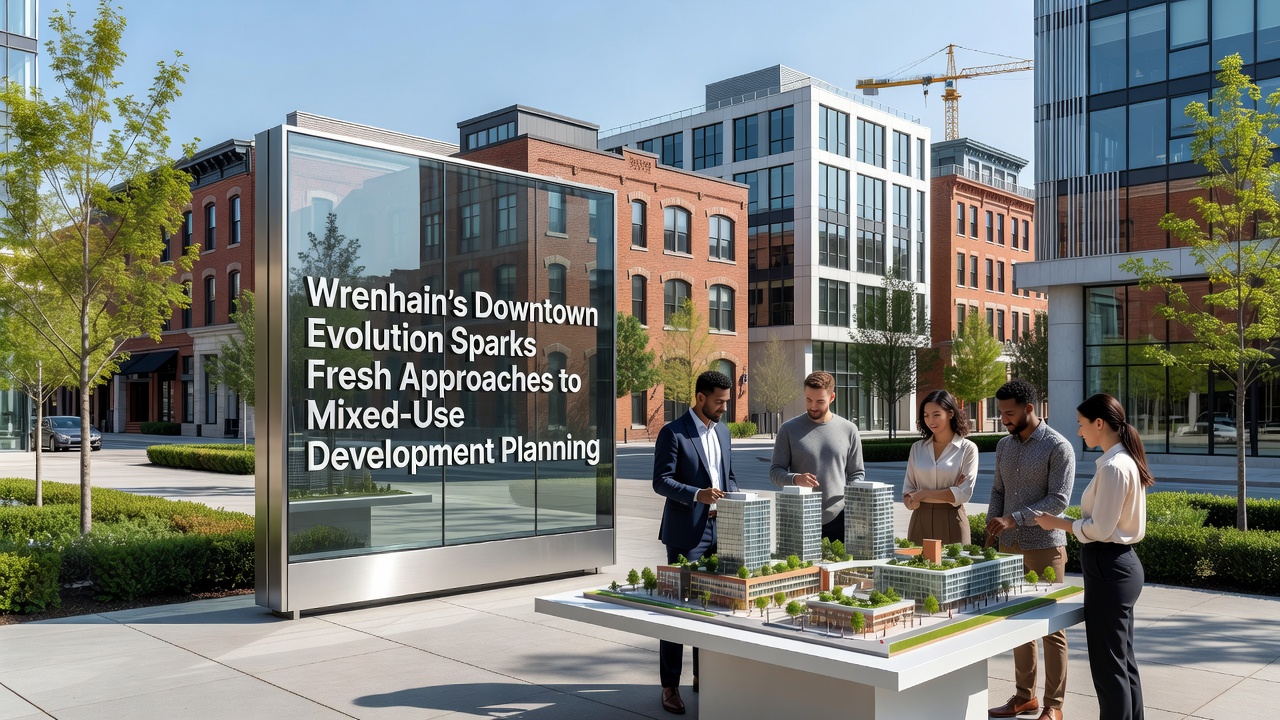 Street-level view of a completed mixed-use building in Wrenhain with shops, offices, and residential entrances